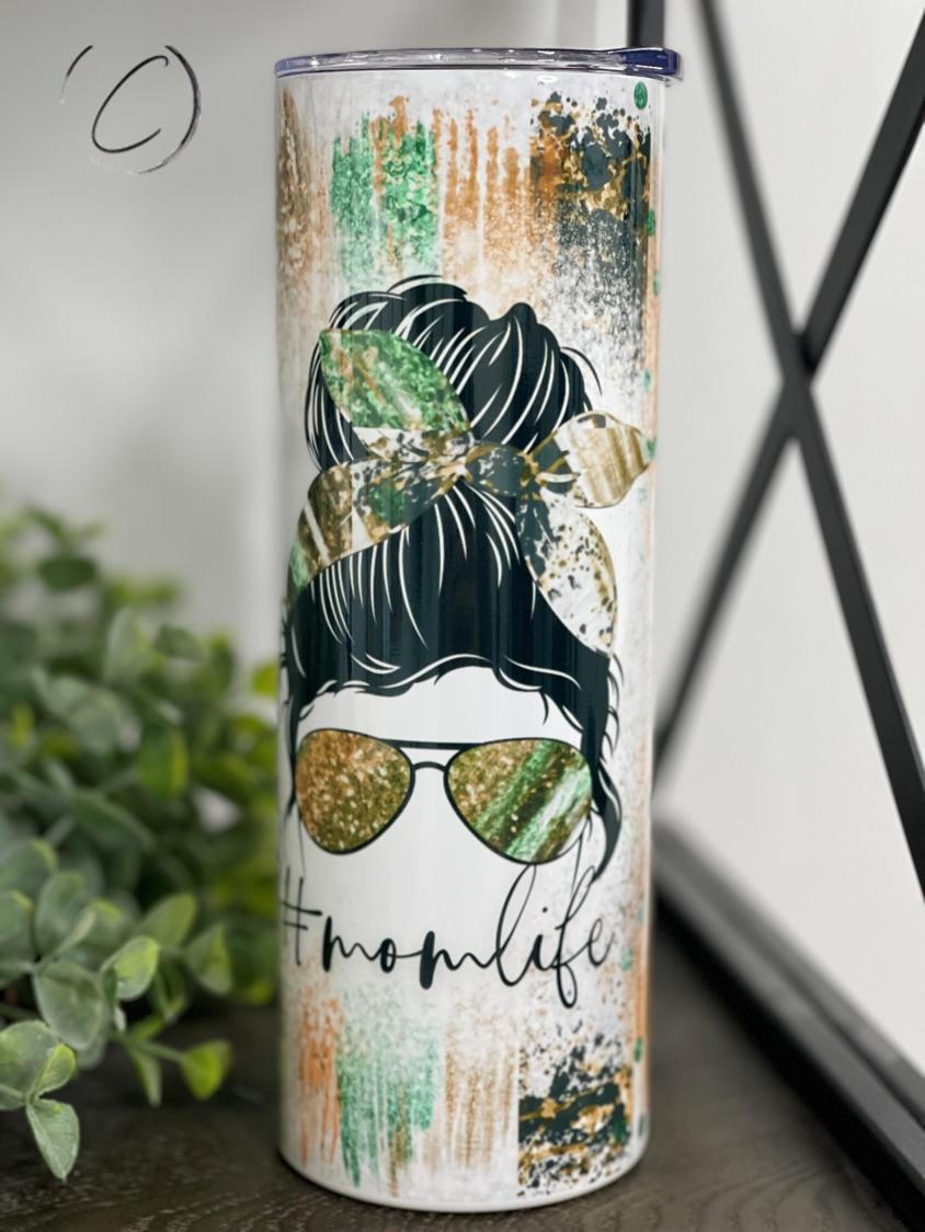 Emerald #momlife 20oz Skinny Tumbler with vibrant design and reusable straw, perfect for busy moms.