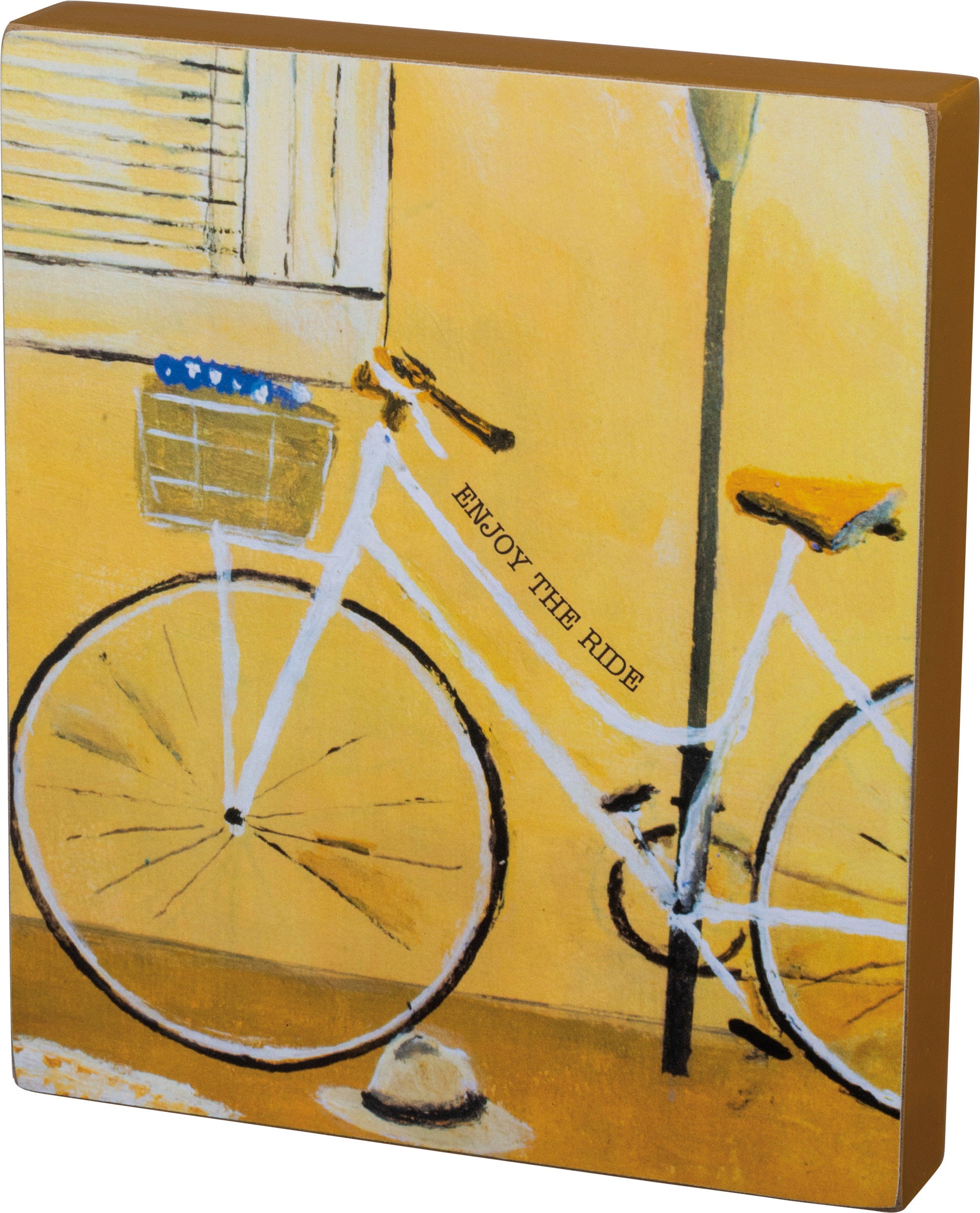 Enjoy The Ride Inspo Block Sign featuring floral designs and inspirational text, made from wood, perfect for desk or wall decor.