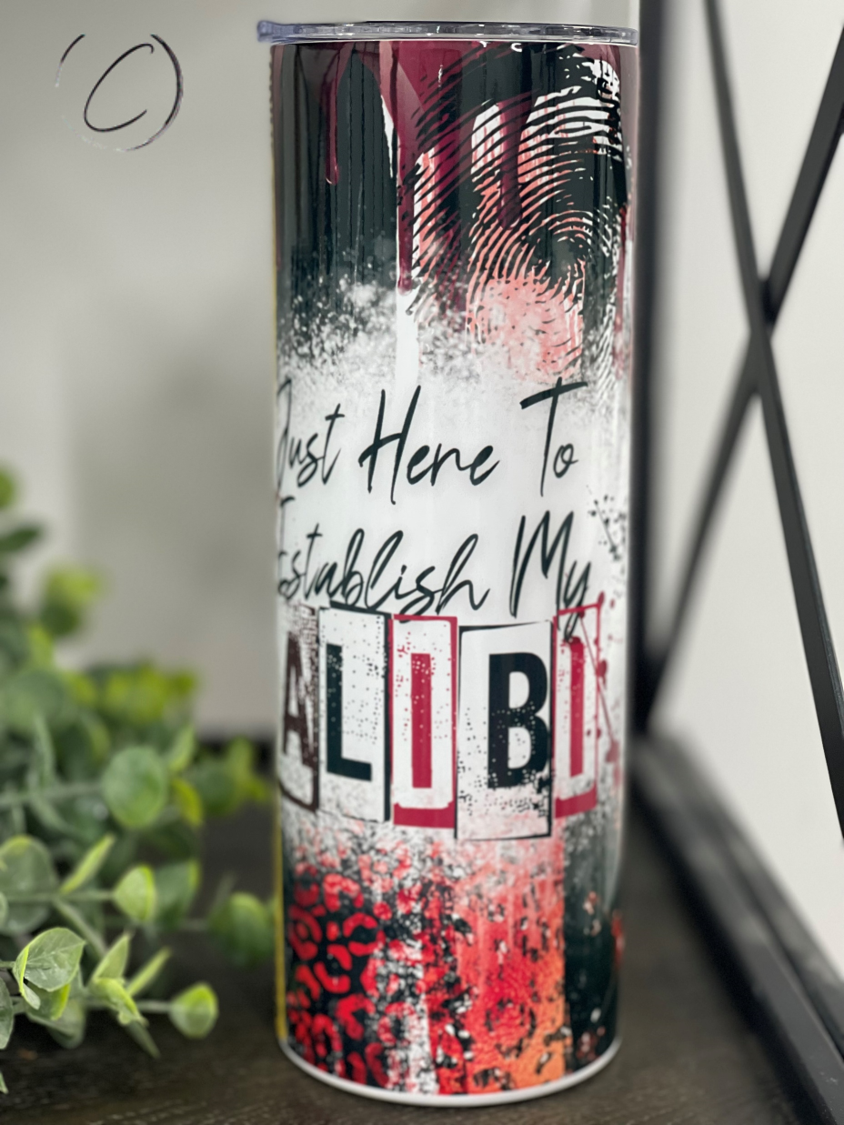 Establish My Alibi 20oz Skinny Tumbler with a stylish full wrap design, perfect for hot and cold beverages.