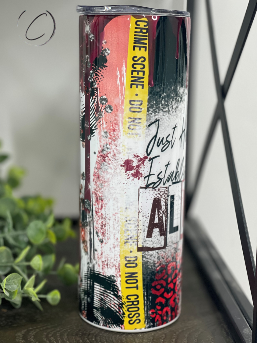 Establish My Alibi 20oz Skinny Tumbler with a stylish full wrap design, perfect for hot and cold beverages.