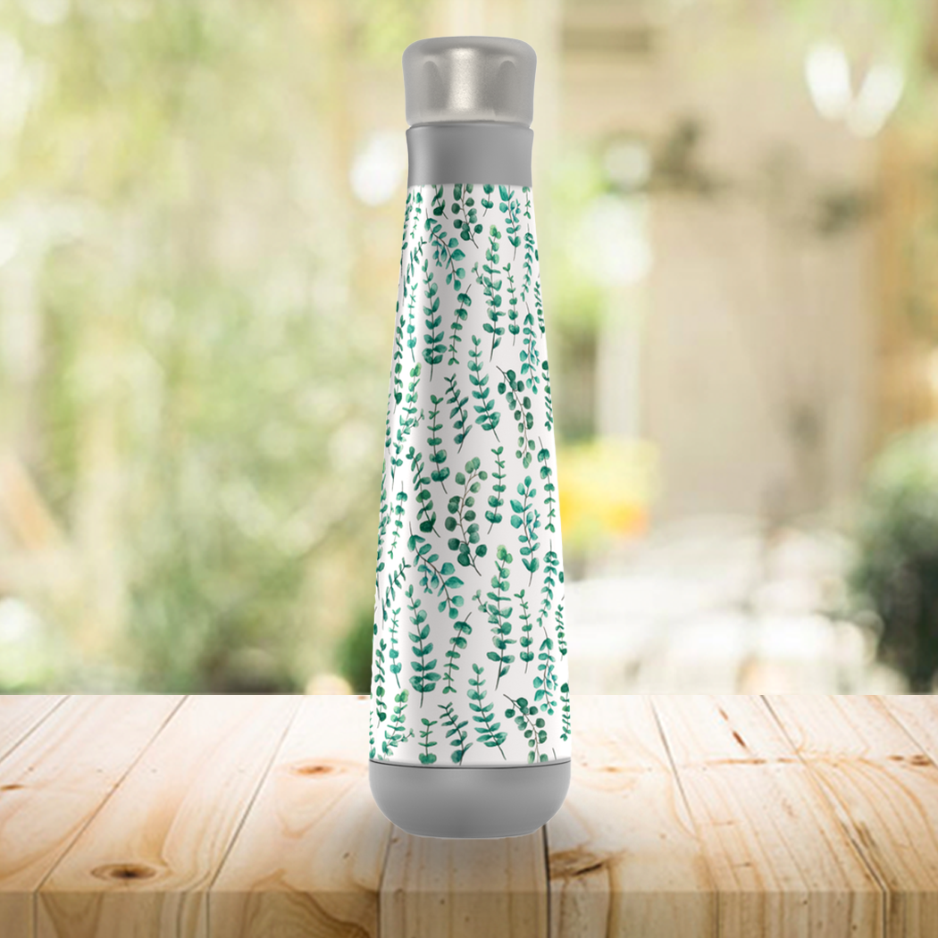 Eucalyptus Peristyle Water Bottle in stainless steel, showcasing its sleek design and vacuum insulation features.