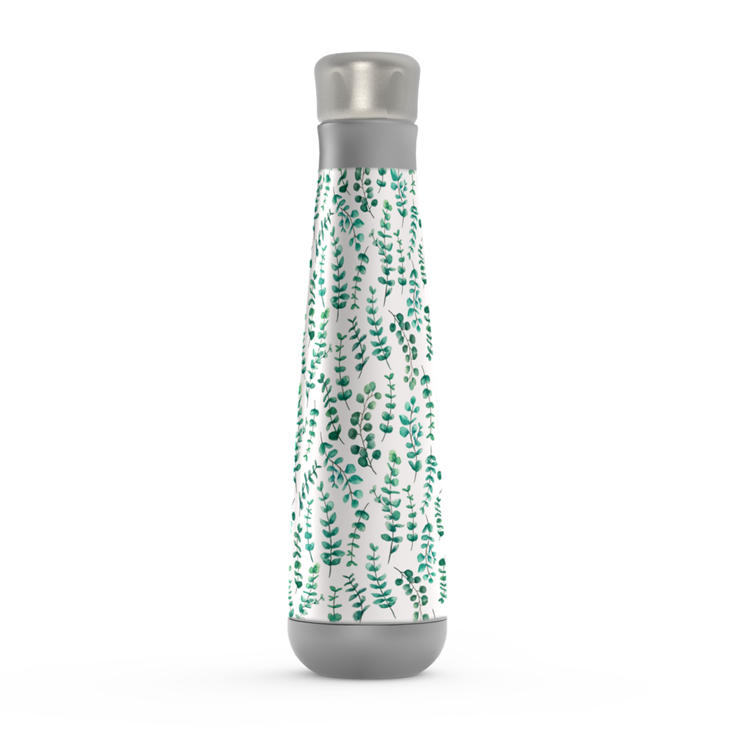 Eucalyptus Peristyle Water Bottle in stainless steel, showcasing its sleek design and vacuum insulation features.