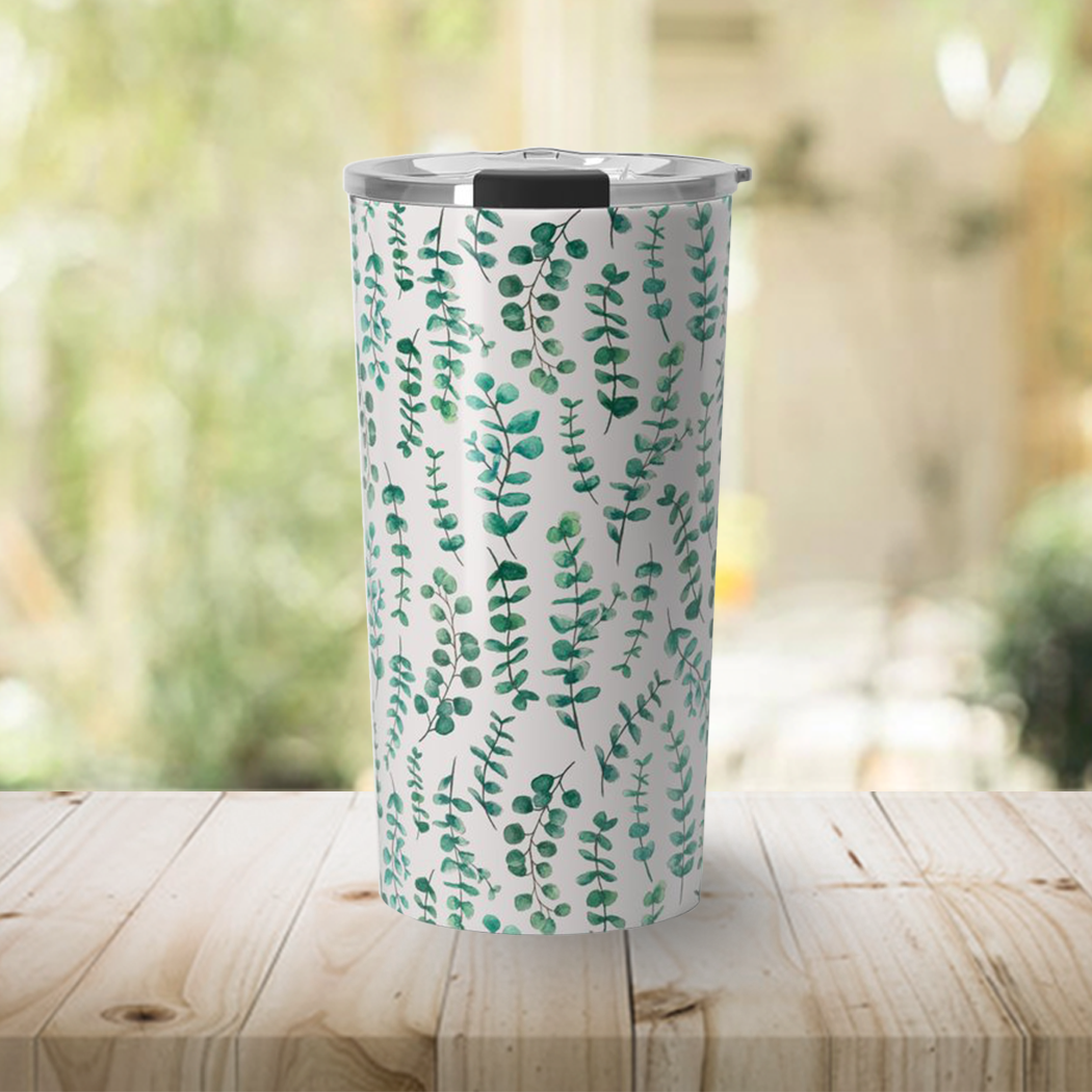 Eucalyptus Watercolor Travel Coffee Mug showcasing a beautiful watercolor design on a durable stainless steel body.