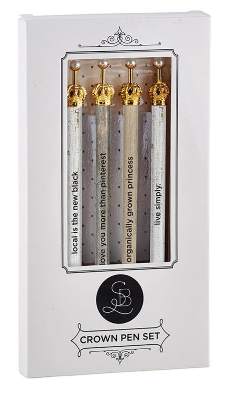 Farmhouse Crown Boxed Pen Set of 4 featuring gold accents and whimsical phrases, perfect for stylish writing.