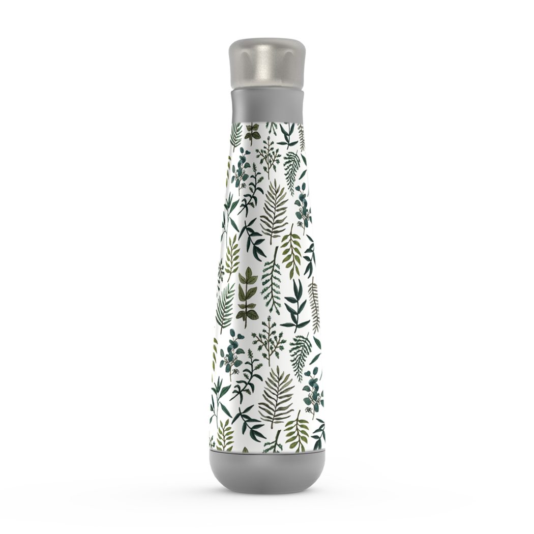 Fern Watercolor Peristyle Water Bottle showcasing a beautiful watercolor fern design on a stainless steel body.