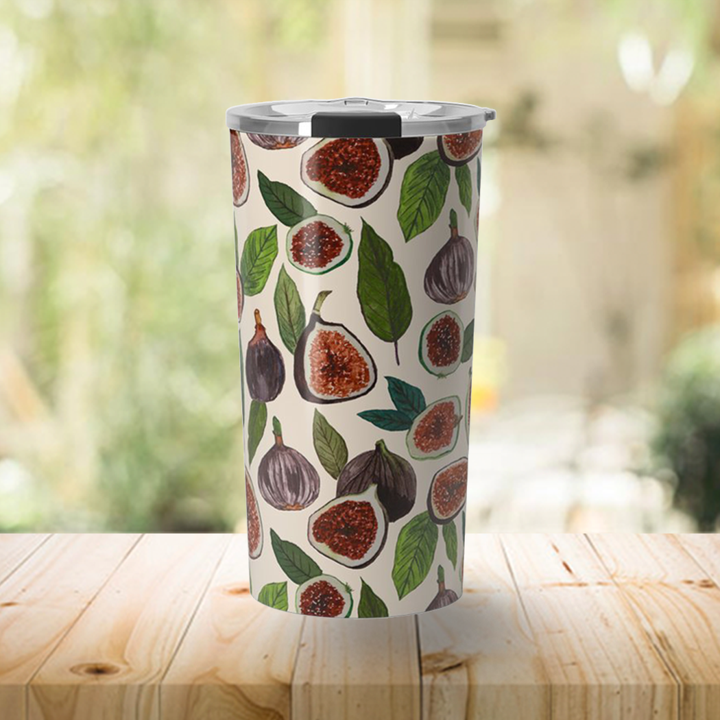 Fig Travel Mug made of lightweight stainless steel with double-wall insulation, featuring vibrant 360-degree wraparound artwork.