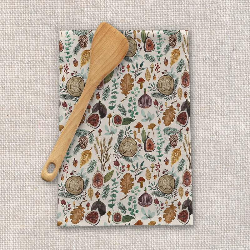 Figs, Mushrooms, and Leaves Tea Towel featuring a vibrant nature-inspired design on cotton twill fabric.