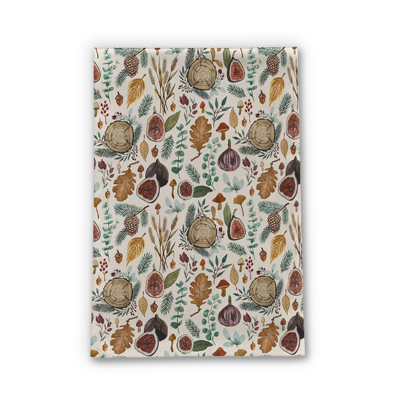 Figs, Mushrooms, and Leaves Tea Towel featuring a vibrant nature-inspired design on cotton twill fabric.