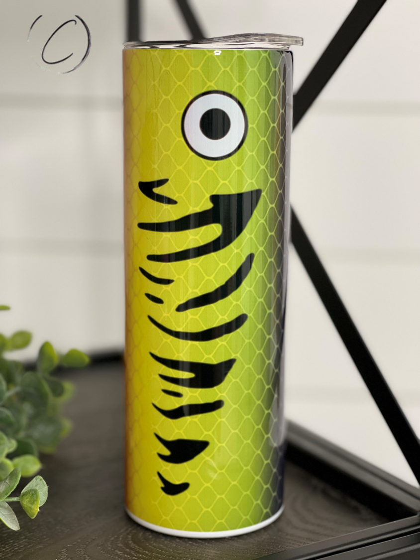 Firetiger Crankbait 20oz Skinny Tumbler with vibrant fishing design and reusable straw.