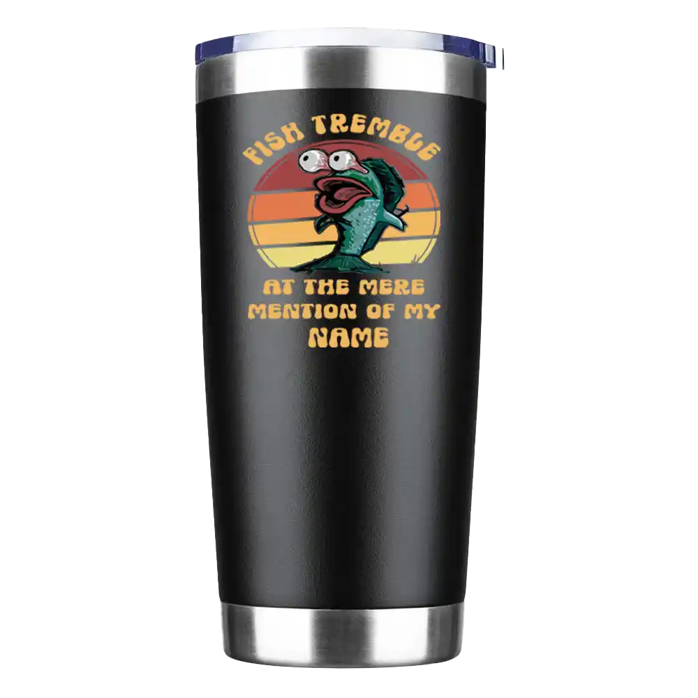 Fish Tremble 20oz Insulated Vacuum Sealed Tumbler in stainless steel with a vibrant UV-printed design, showcasing its double-walled insulation and splash-proof lid.