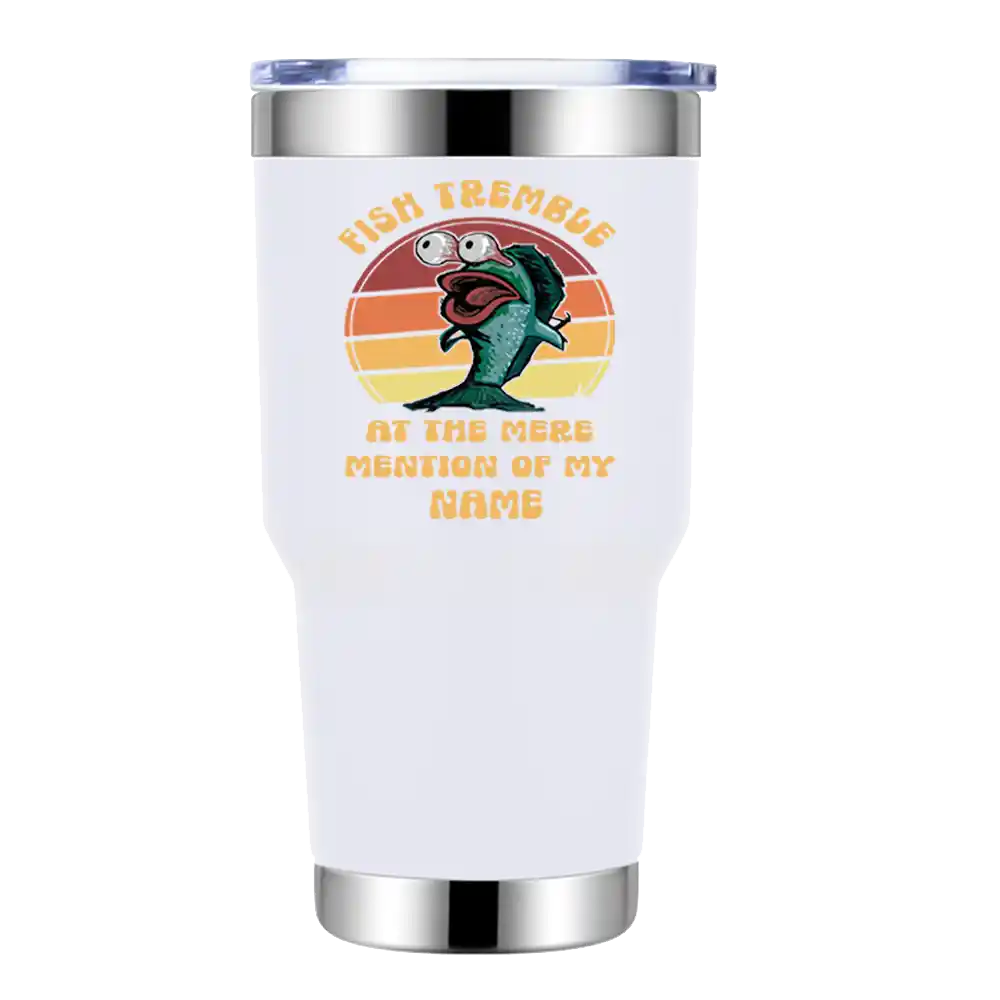 Fish Tremble 30oz Insulated Vacuum Sealed Tumbler with vibrant UV-printed design, showcasing its stainless steel construction and splash-proof lid.
