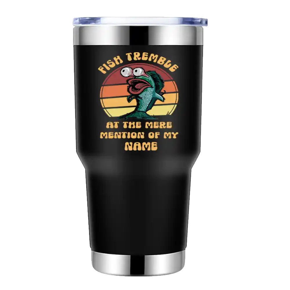 Fish Tremble 30oz Insulated Vacuum Sealed Tumbler with vibrant UV-printed design, showcasing its stainless steel construction and splash-proof lid.
