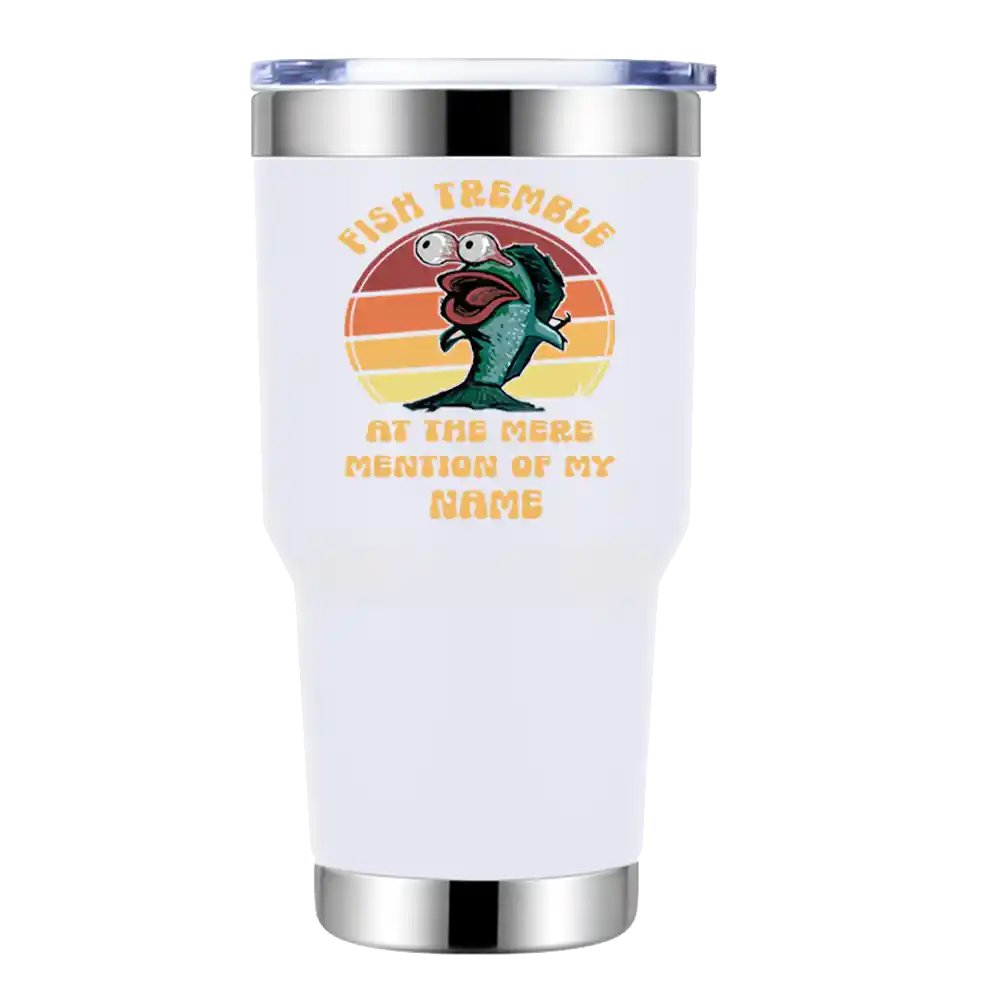 Fish Tremble 30oz Insulated Vacuum Sealed Tumbler with vibrant UV-printed design, showcasing its stainless steel construction and splash-proof lid.