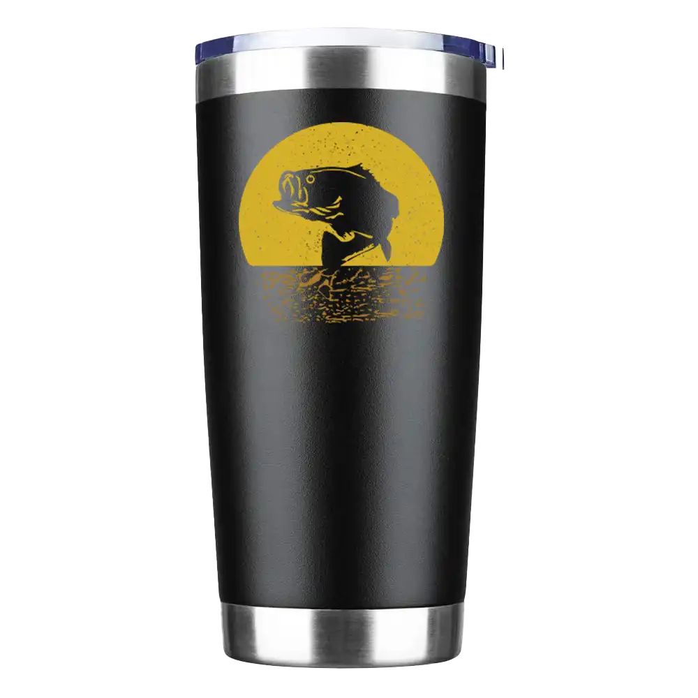 Fishing 20oz insulated vacuum sealed tumbler with a splash-proof lid and UV-printed design, perfect for hot or cold beverages.