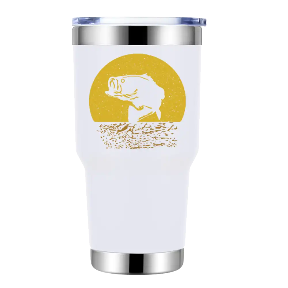 Fishing 30oz insulated vacuum sealed tumbler in stainless steel with UV-printed design, showcasing its double-walled insulation and splash-proof lid.