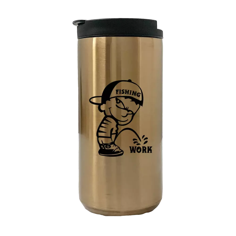 Fishing And Work 14oz Insulated Coffee Tumbler in stainless steel with a splash-proof lid and UV printed design.