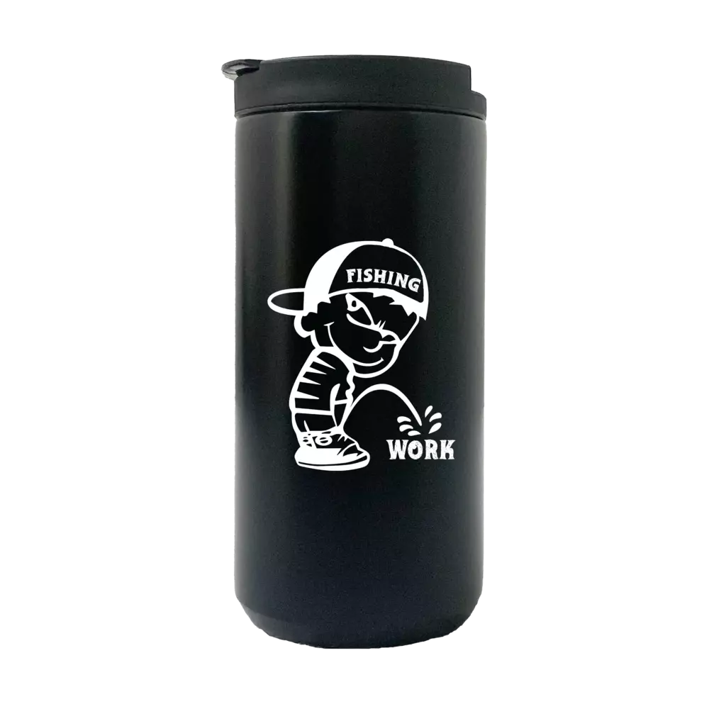 Fishing And Work 14oz Insulated Coffee Tumbler in stainless steel with a splash-proof lid and UV printed design.