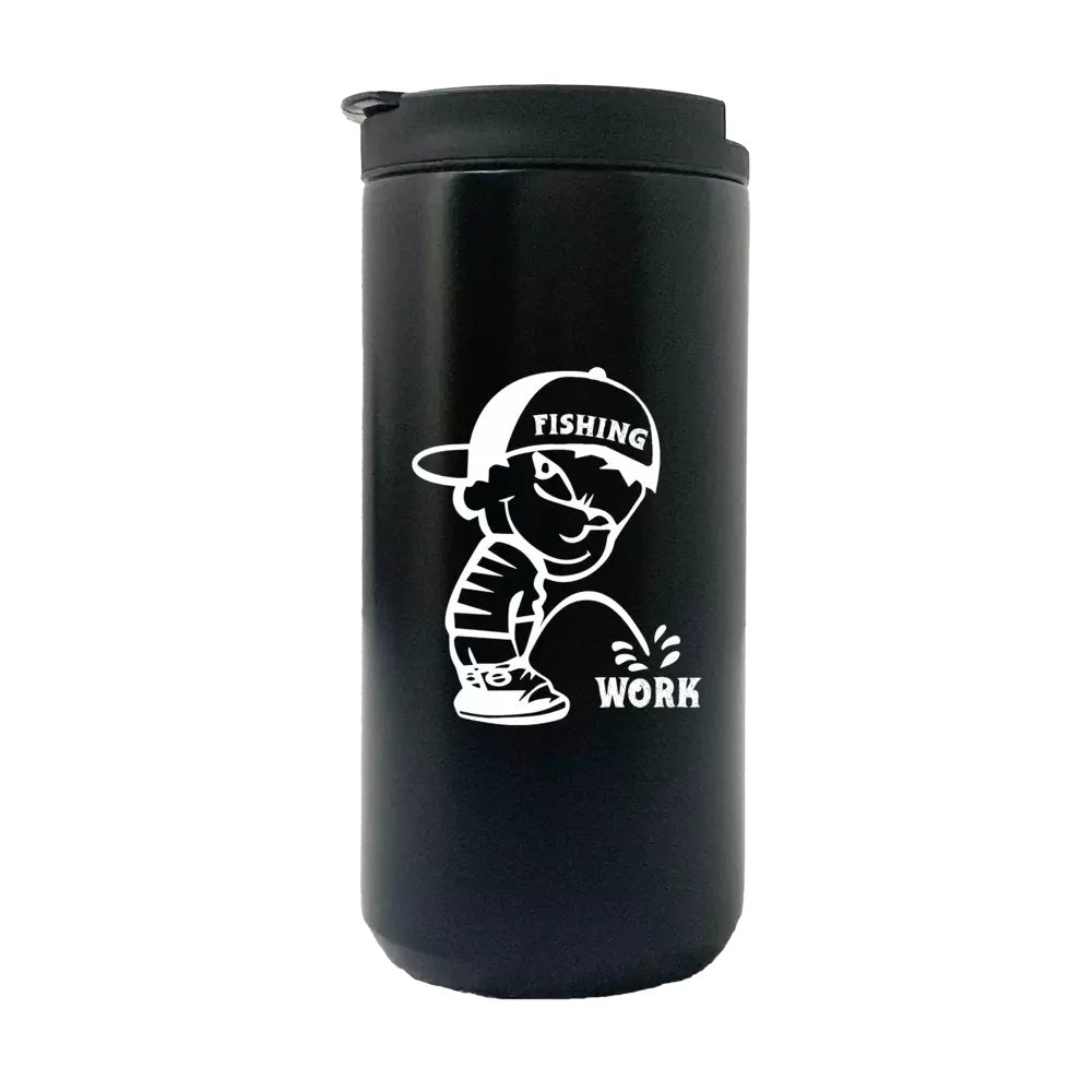 Fishing And Work 14oz Insulated Coffee Tumbler in stainless steel with a splash-proof lid and UV printed design.