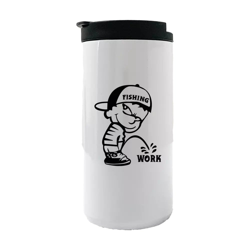 Fishing And Work 14oz Insulated Coffee Tumbler in stainless steel with a splash-proof lid and UV printed design.