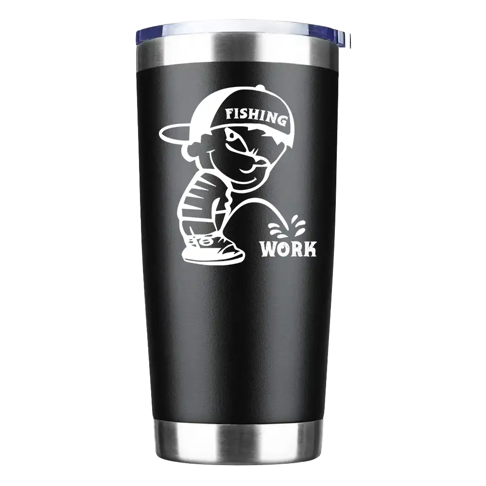 A 20oz insulated stainless steel tumbler with a splash-proof lid, featuring UV-printed designs, perfect for fishing and work.