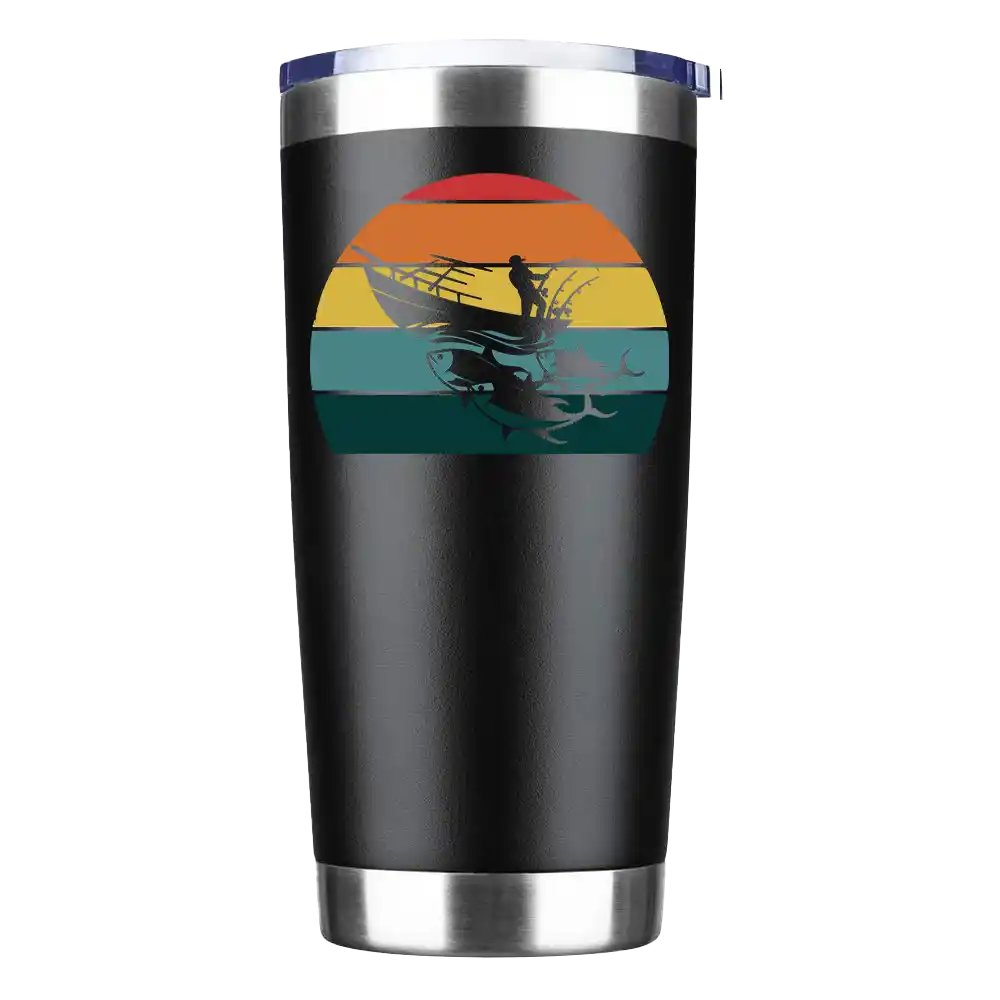 Fishing Boat 20oz Insulated Vacuum Sealed Tumbler with vibrant UV-printed design, double-walled insulation, and splash-proof lid.