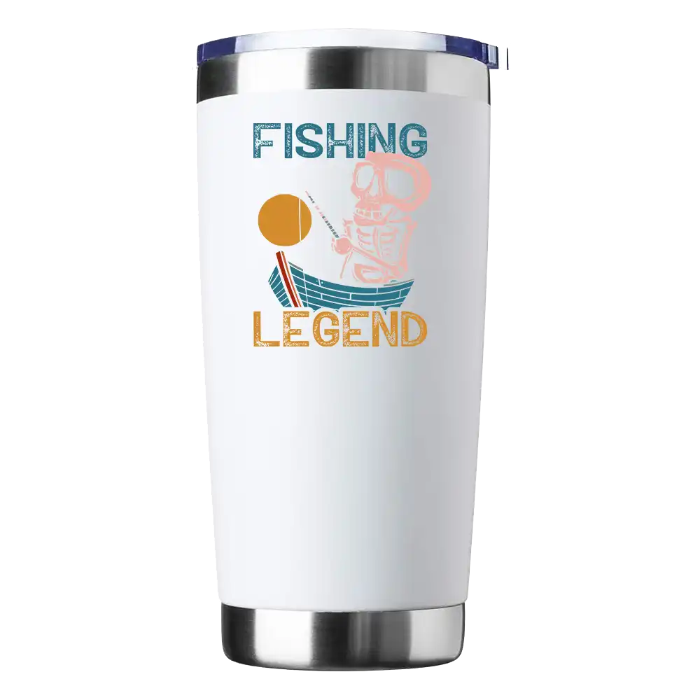 Fishing Legend 20oz Insulated Vacuum Sealed Tumbler in stainless steel with UV-printed design, showcasing its sleek and durable construction.