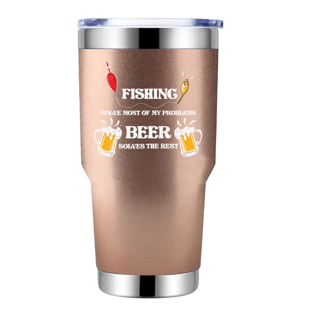 Fishing Solves All My Problem 30oz insulated tumbler with a splash-proof lid and UV-printed design, perfect for outdoor adventures.