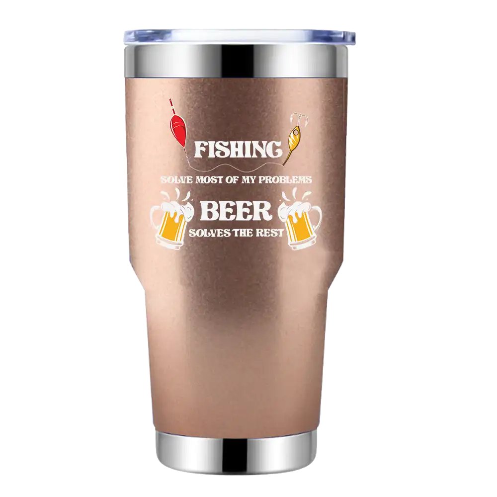 Fishing Solves All My Problem 30oz insulated tumbler with a splash-proof lid and UV-printed design, perfect for outdoor adventures.
