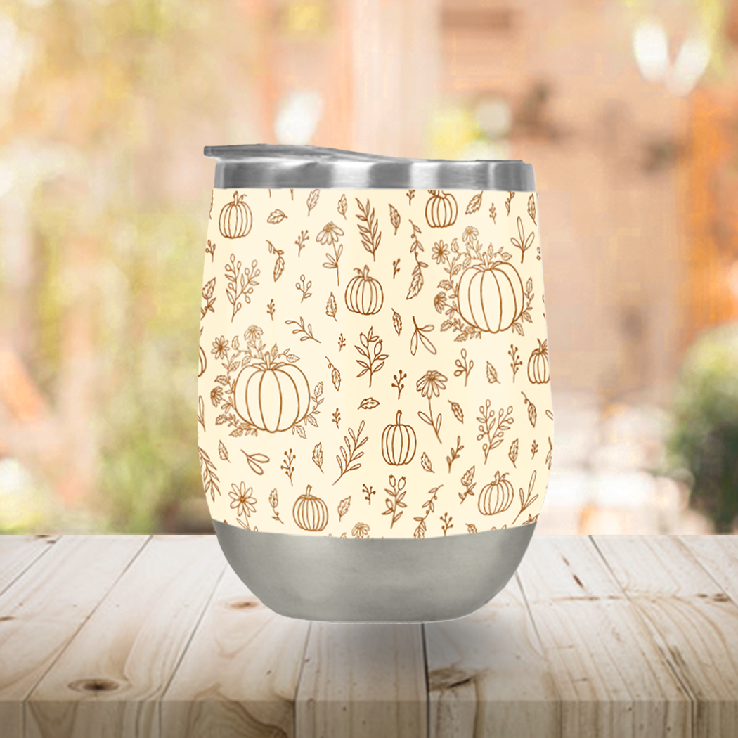 Floral Ink Pumpkin Stemless Wine Tumbler with vibrant floral design and stainless steel finish, perfect for outdoor use.