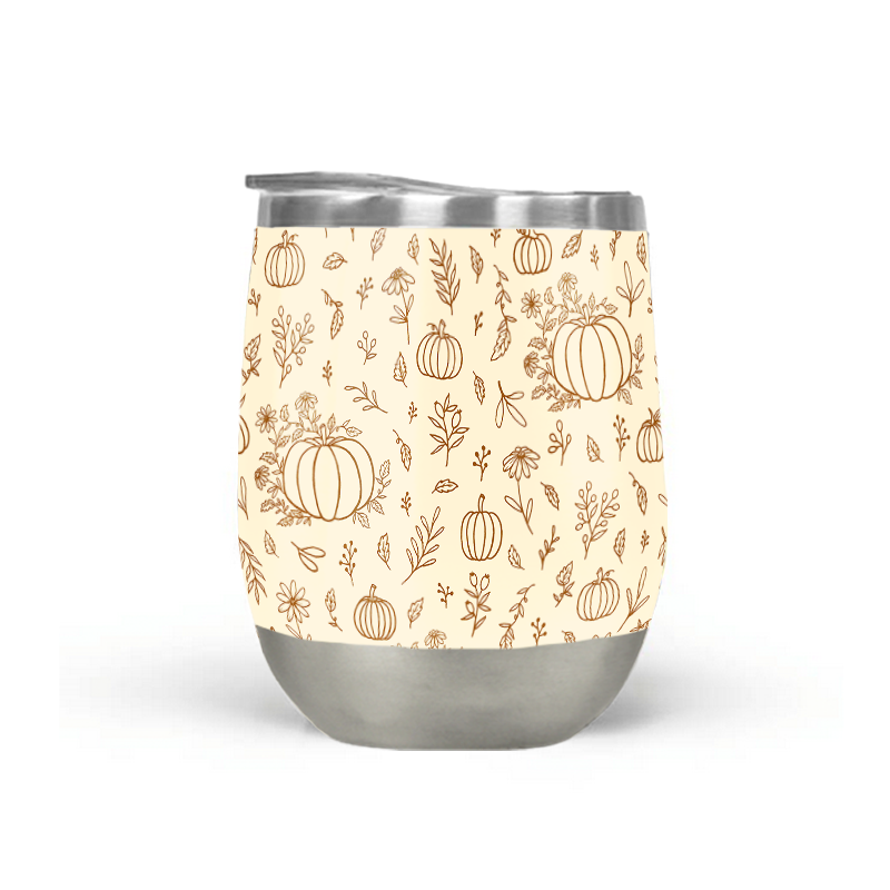 Floral Ink Pumpkin Stemless Wine Tumbler with vibrant floral design and stainless steel finish, perfect for outdoor use.
