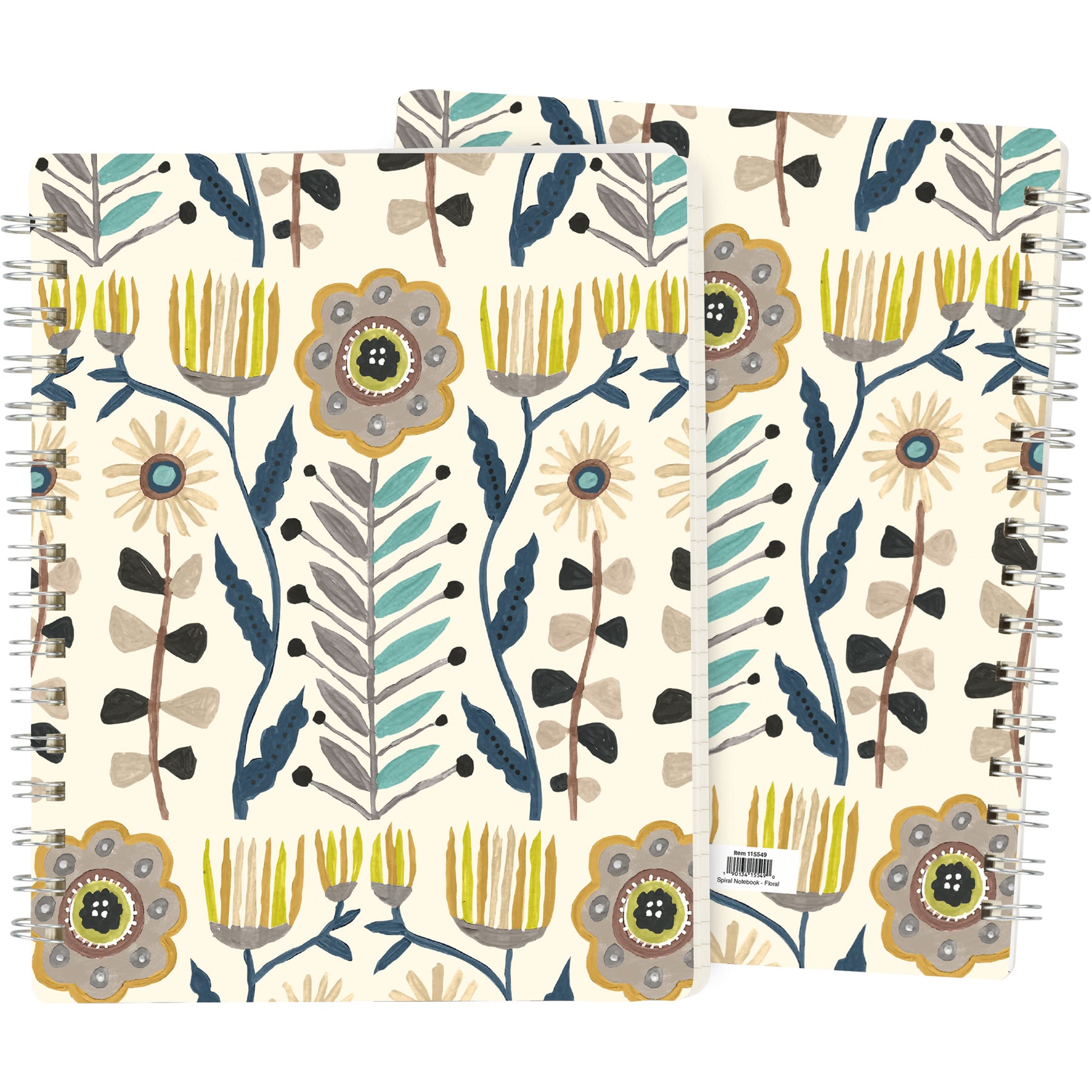 Floral Spiral Notebook featuring a whimsical folk art design with 120 lined pages, showcasing both front and back covers.