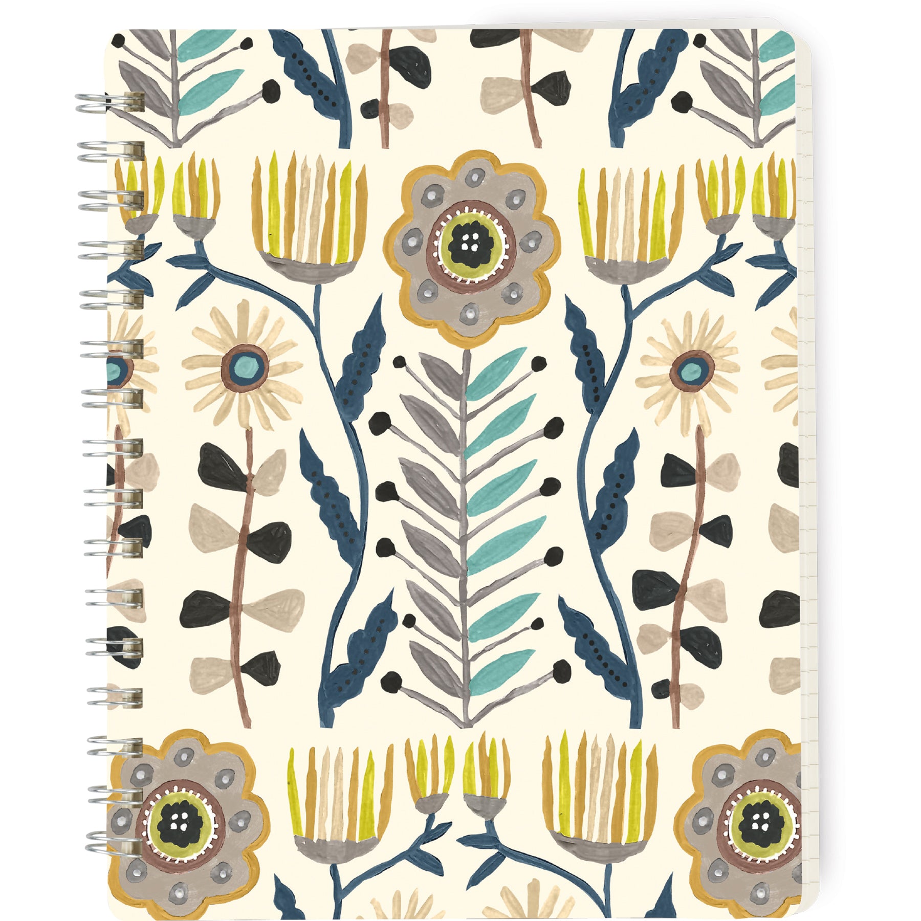 Floral Spiral Notebook featuring a whimsical folk art design with 120 lined pages, showcasing both front and back covers.