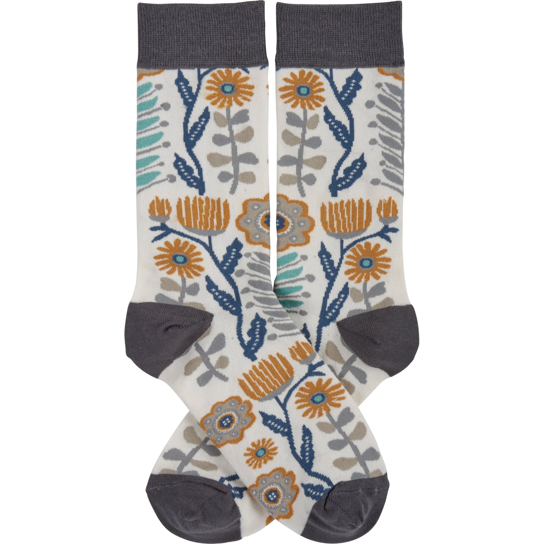 A pair of multicolored folk art floral socks featuring vibrant hand-illustrated designs, perfect for casual wear and gifting.