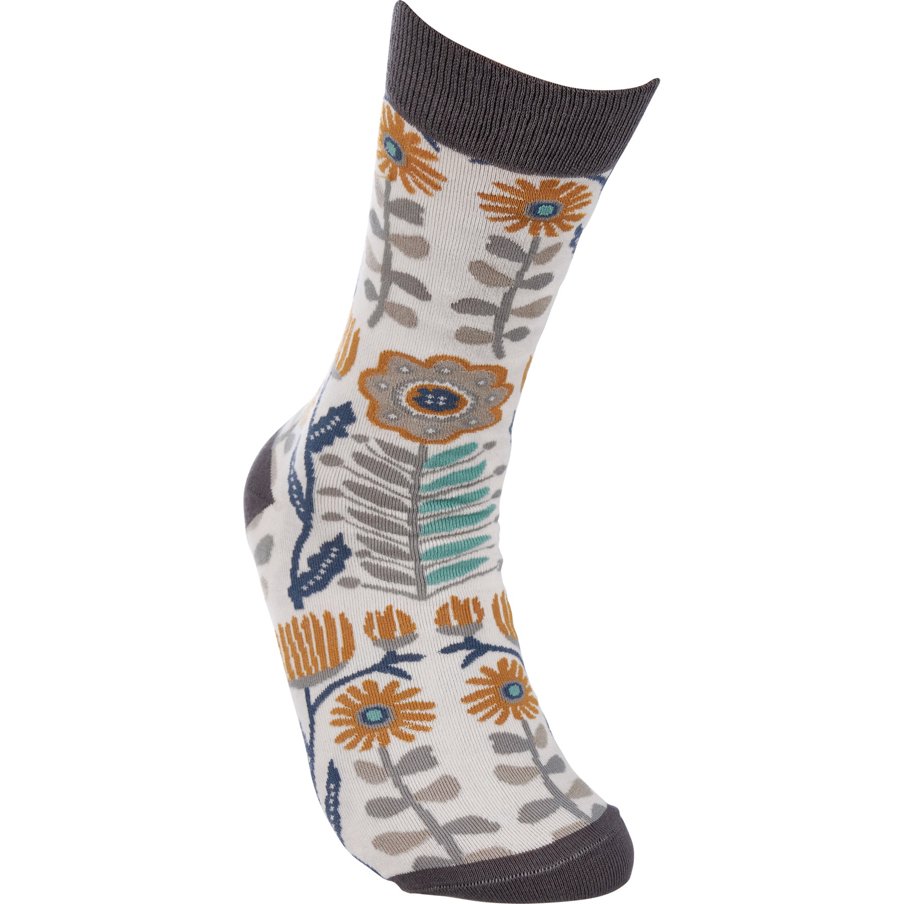 A pair of multicolored folk art floral socks featuring vibrant hand-illustrated designs, perfect for casual wear and gifting.