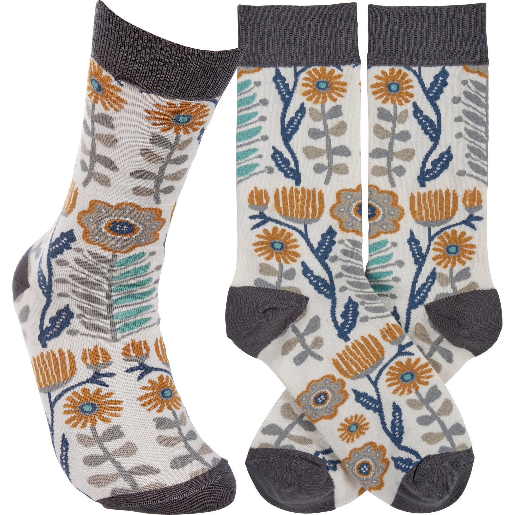 A pair of multicolored folk art floral socks featuring vibrant hand-illustrated designs, perfect for casual wear and gifting.