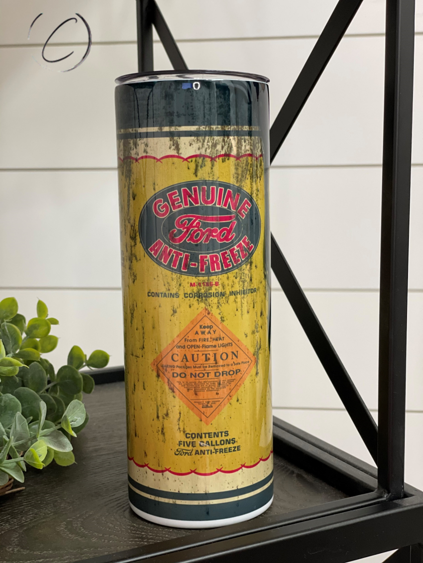 Ford Anti Freeze 20oz Skinny Tumbler with a full wrap design, featuring a reusable straw and durable construction.