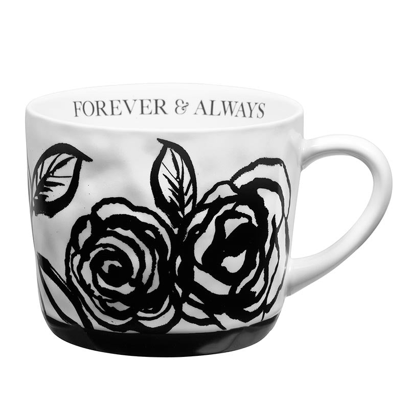 White stoneware mug with black floral artwork and the phrase 'Forever & Always' printed on it, perfect for gifting.