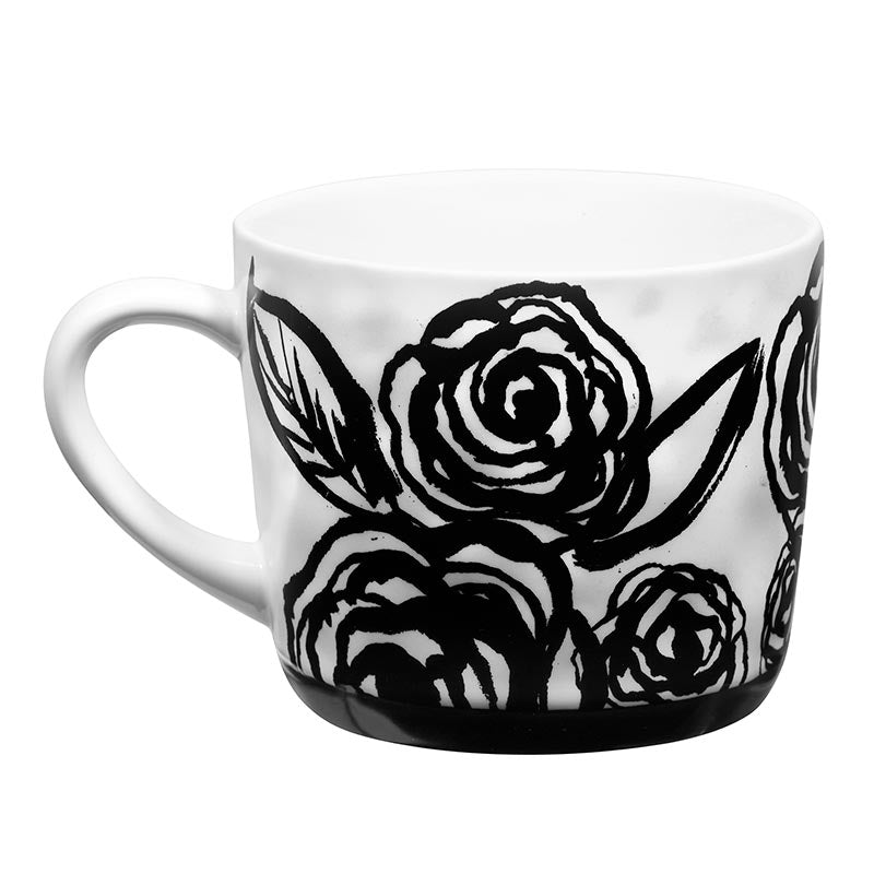 White stoneware mug with black floral artwork and the phrase 'Forever & Always' printed on it, perfect for gifting.