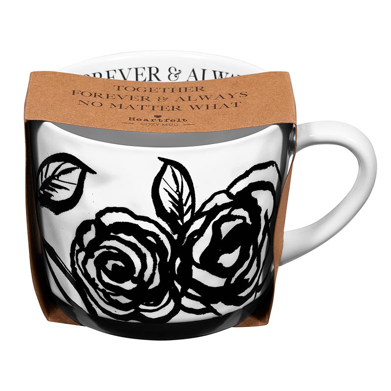 White stoneware mug with black floral artwork and the phrase 'Forever & Always' printed on it, perfect for gifting.