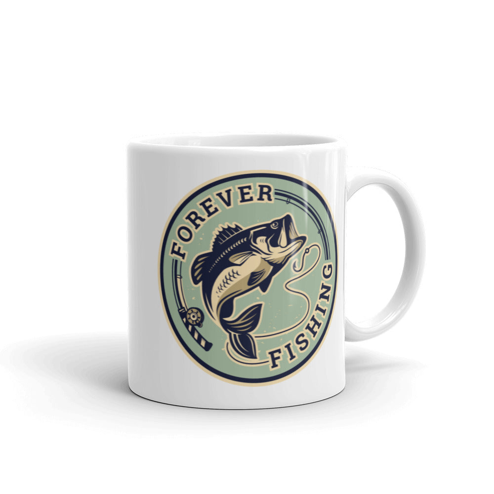 A ceramic Forever Fishing Coffee Mug featuring a fishing-themed design, available in two sizes, perfect for coffee lovers.