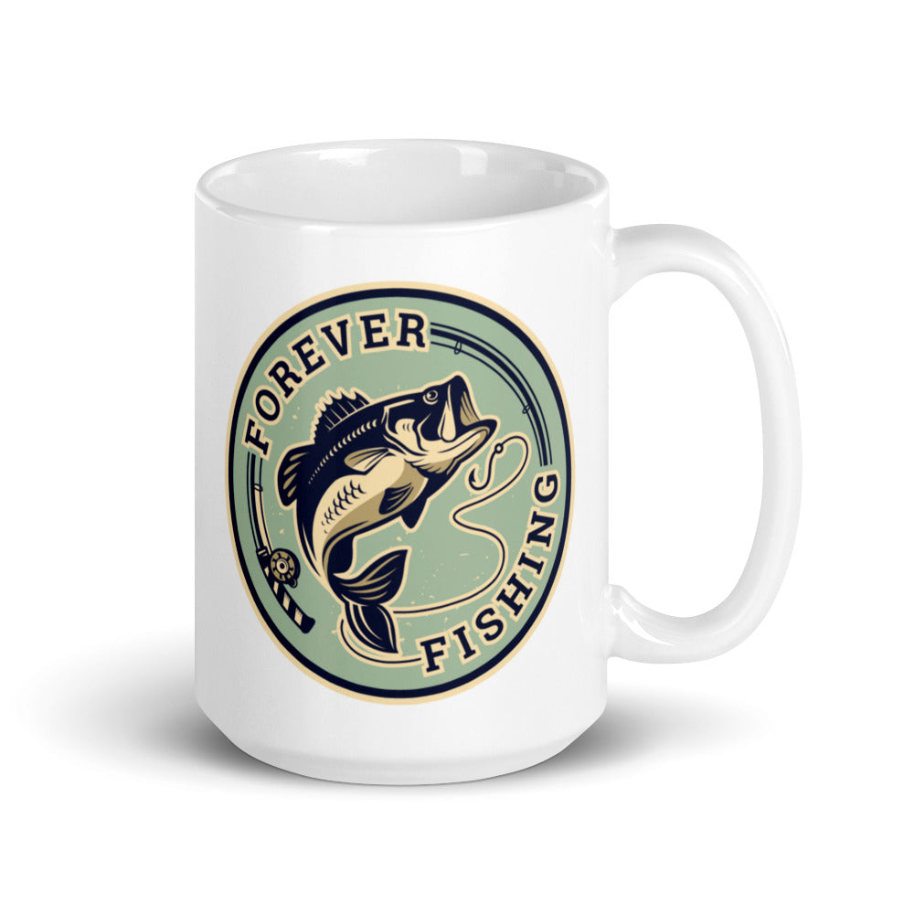 A ceramic Forever Fishing Coffee Mug featuring a fishing-themed design, available in two sizes, perfect for coffee lovers.