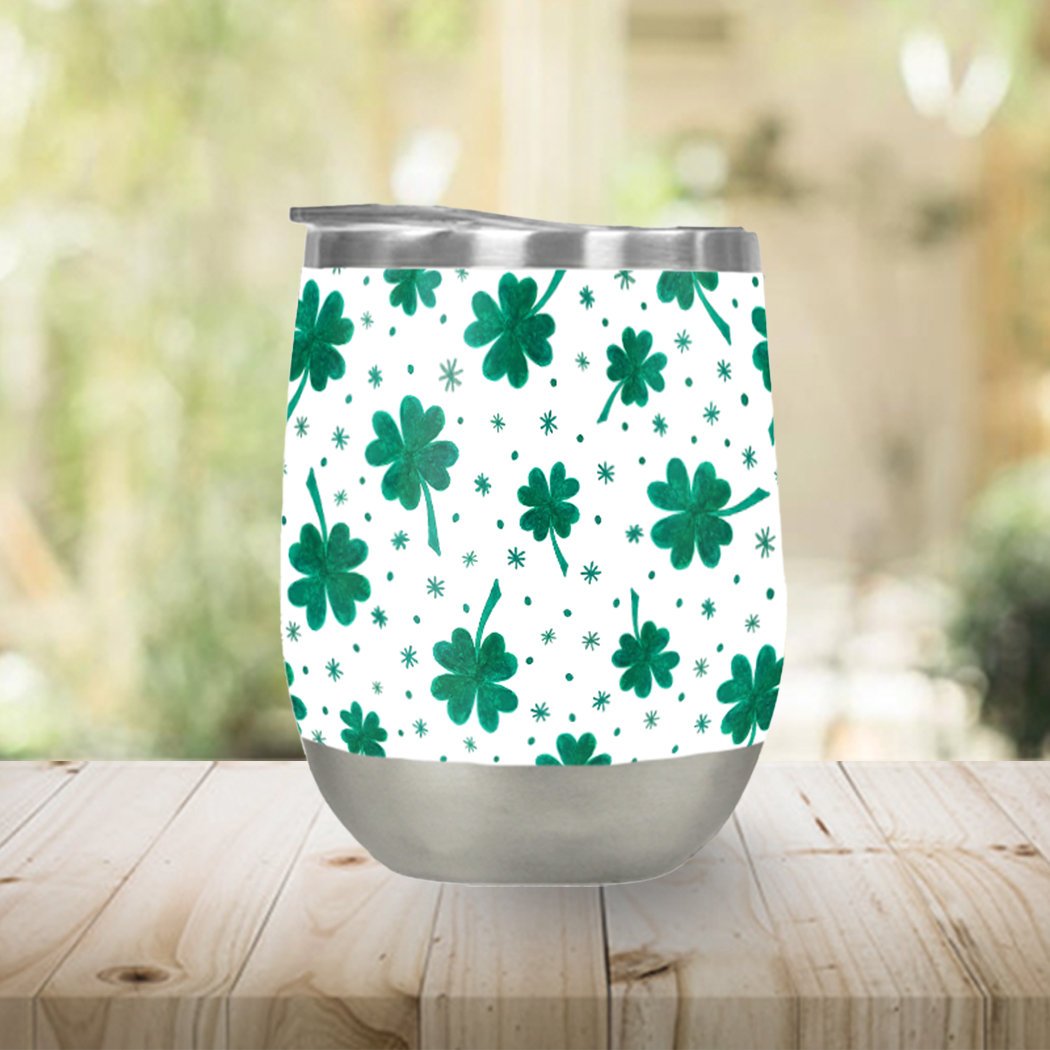 A stylish Four Leaf Clover Stemless Wine Tumbler featuring a festive design, perfect for St. Patrick's Day celebrations.