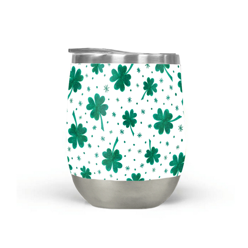 A stylish Four Leaf Clover Stemless Wine Tumbler featuring a festive design, perfect for St. Patrick's Day celebrations.
