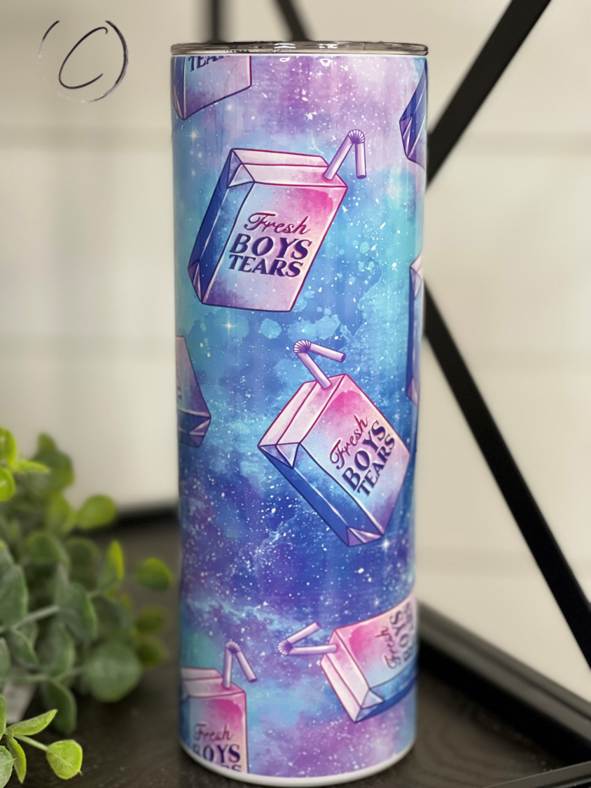 Fresh Boys Tears 20oz Skinny Tumbler with vibrant full wrap design and reusable straw.