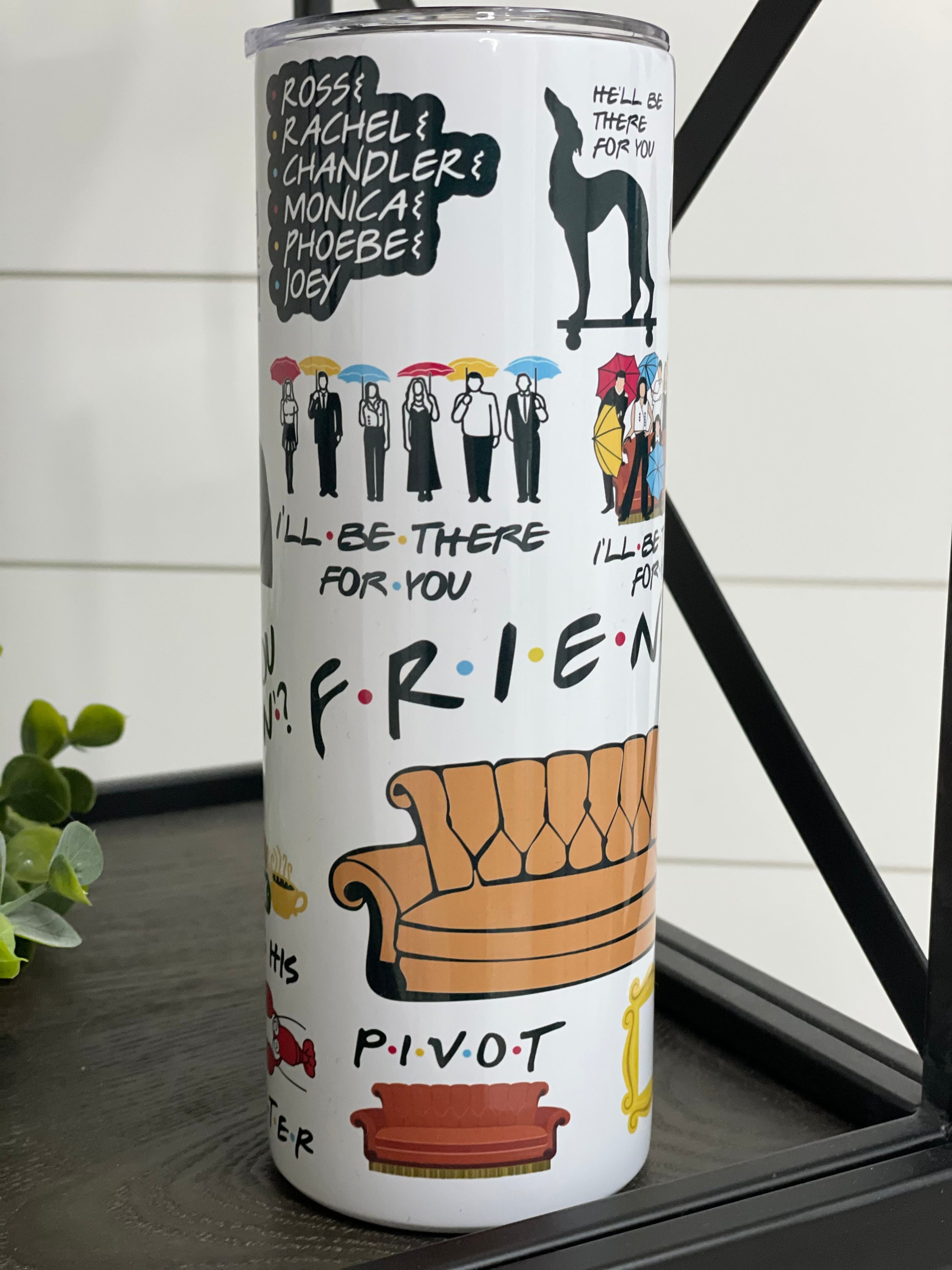 F*R*I*E*N*D*S 20oz Skinny Tumbler featuring a vibrant design, reusable straw, and durable construction.