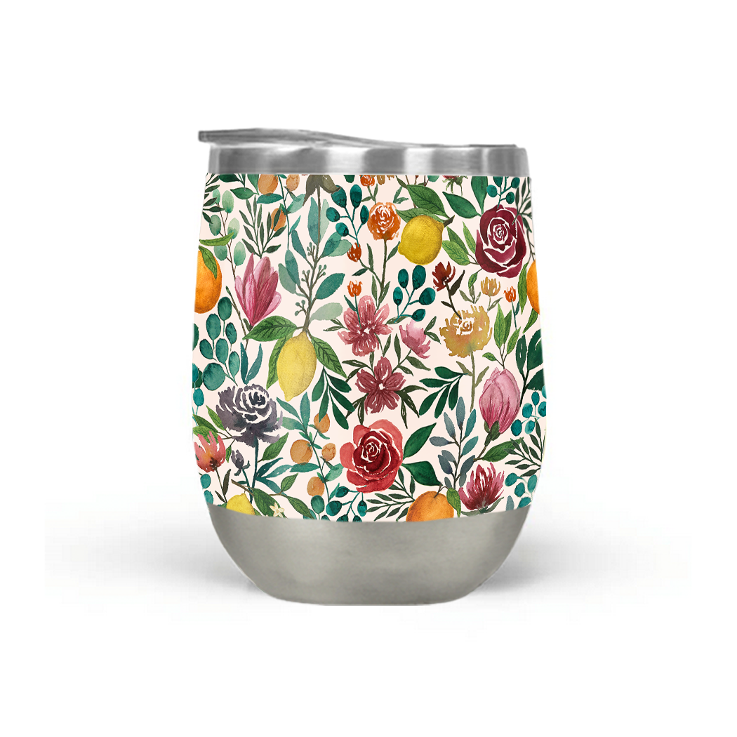 Fruit and Flowers Stemless Wine Tumbler with vibrant floral design, showcasing its stainless steel construction and included plastic lid.