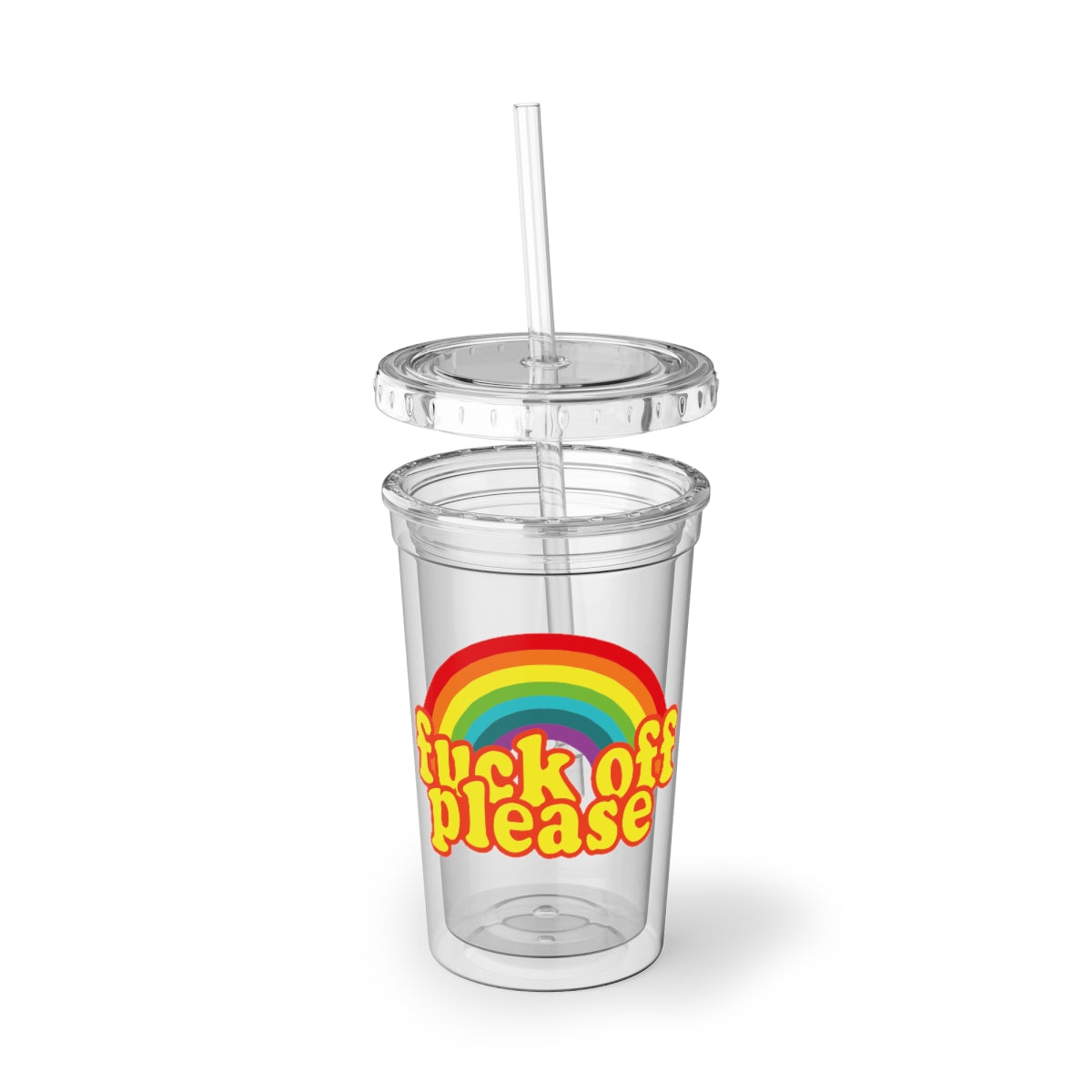 A stylish Fuck Off Please Acrylic Cup with a bold design, featuring a double-wall insulated structure, a plastic lid, and a straw.