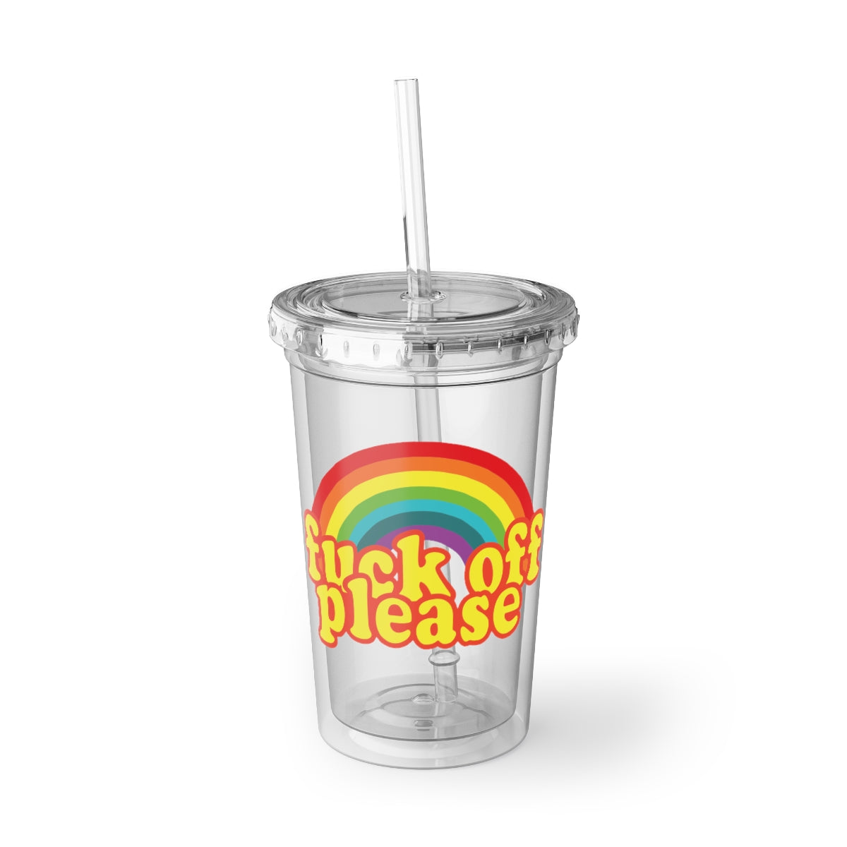 A stylish Fuck Off Please Acrylic Cup with a bold design, featuring a double-wall insulated structure, a plastic lid, and a straw.