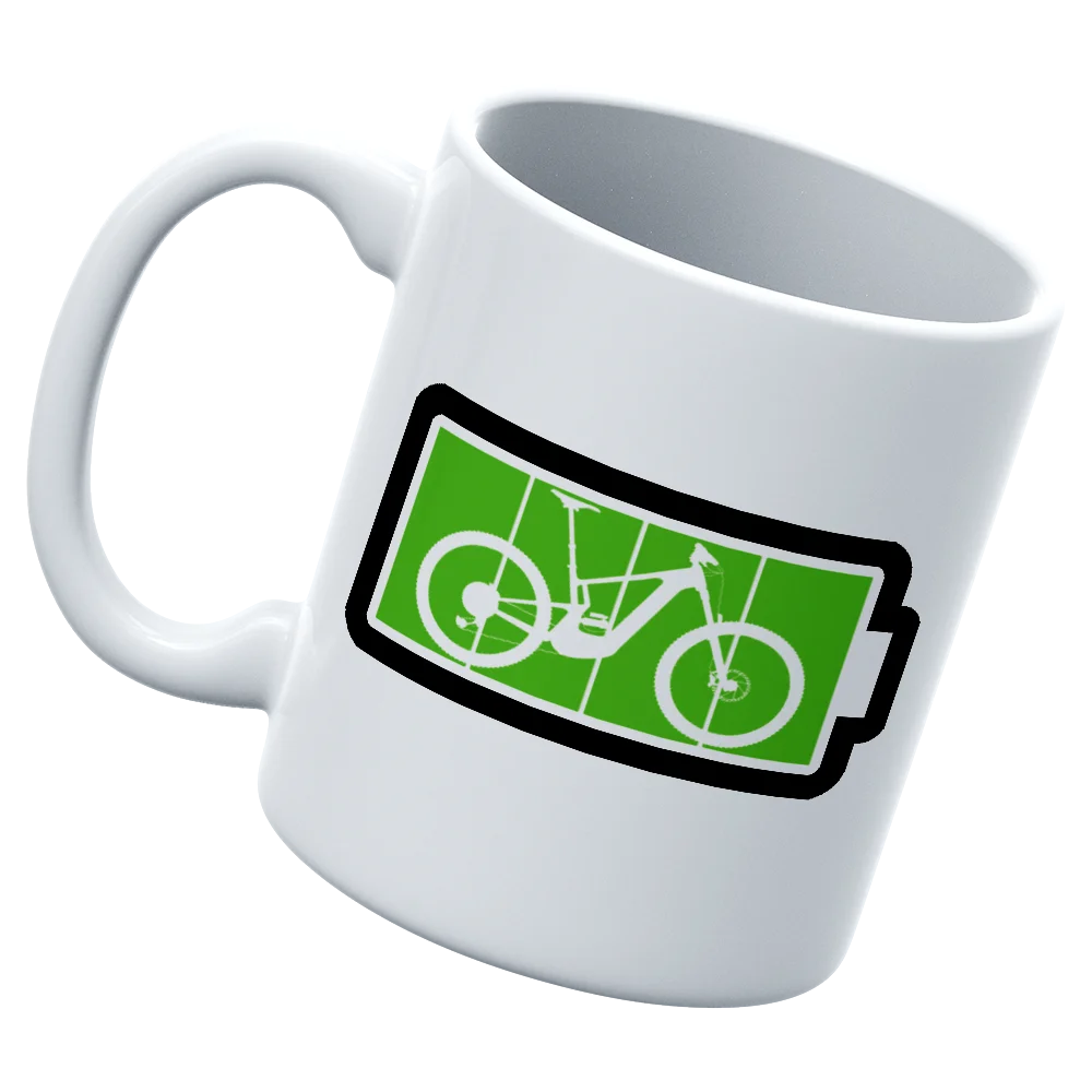 Full Charge White Coffee Mug with a cheerful design, made of durable ceramic, available in two sizes.