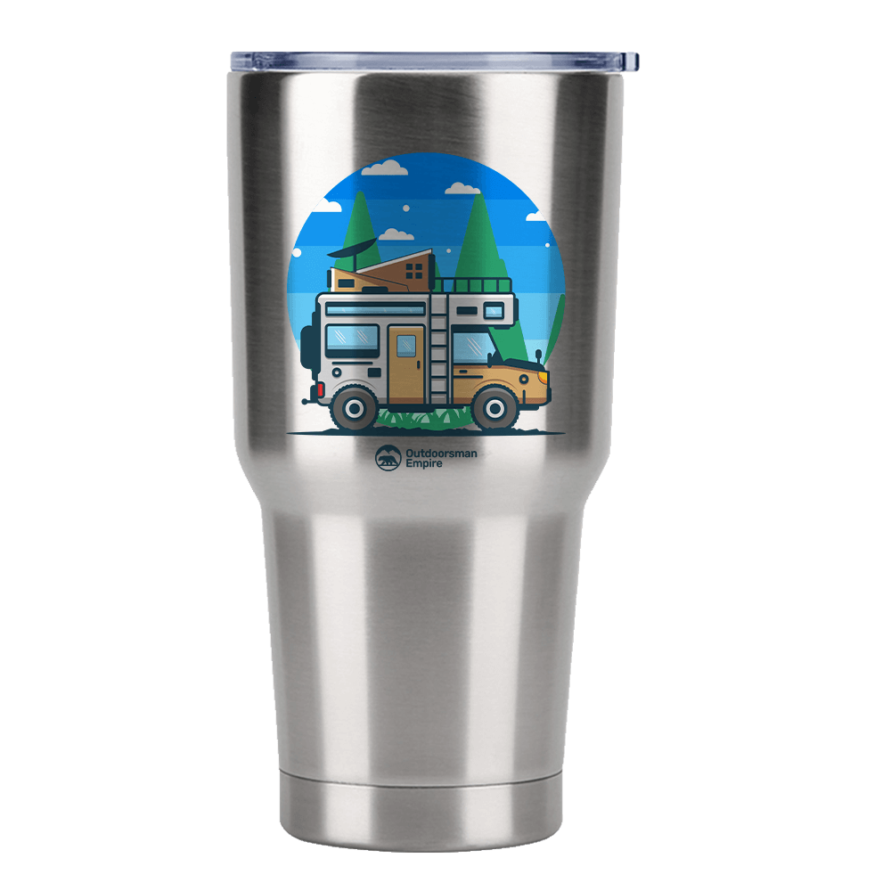 Funny Camping 30oz Insulated Vacuum Sealed Tumbler in vibrant colors, showcasing its unique bowling pin shape and stainless steel finish.